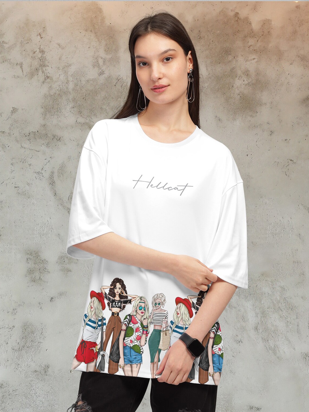 

HELLCAT Typography Printed Round Neck Oversized T-shirt, White