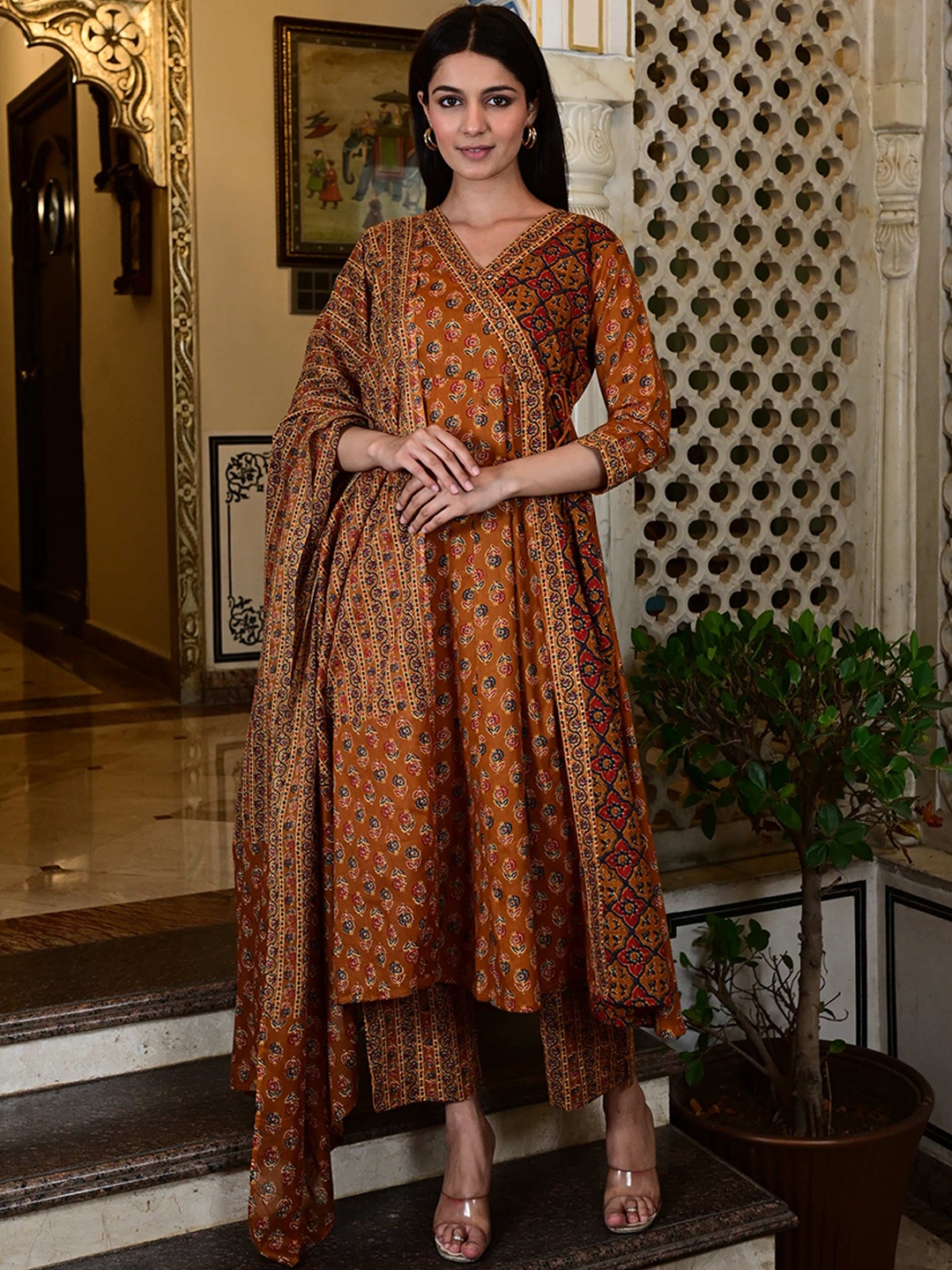 

VYKOO Ethnic Motifs Printed Angrakha Pure Cotton Kurta With Palazzos & Dupatta, Yellow