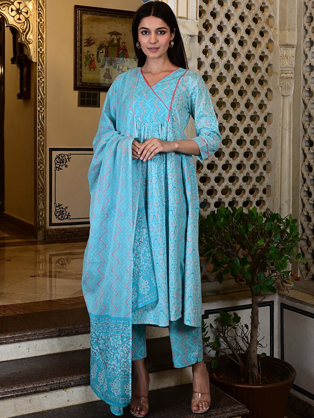 

VYKOO Ethnic Motifs Printed Angrakha Sequinned Pure Cotton Kurta With Palazzos & Dupatta, Blue