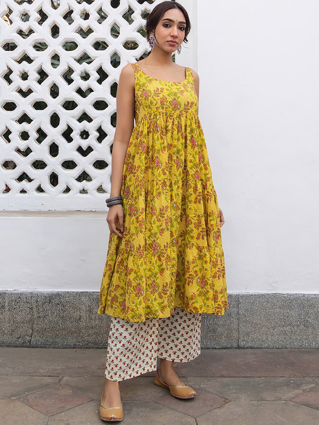 

Janasya Floral Printed Empire Pure Cotton Anarkali Kurta with Trousers, Mustard