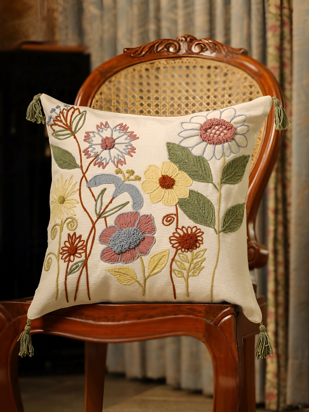

SANSKRUTIHOMES White & Red Floral Embroidered Cotton Square Cushion Covers