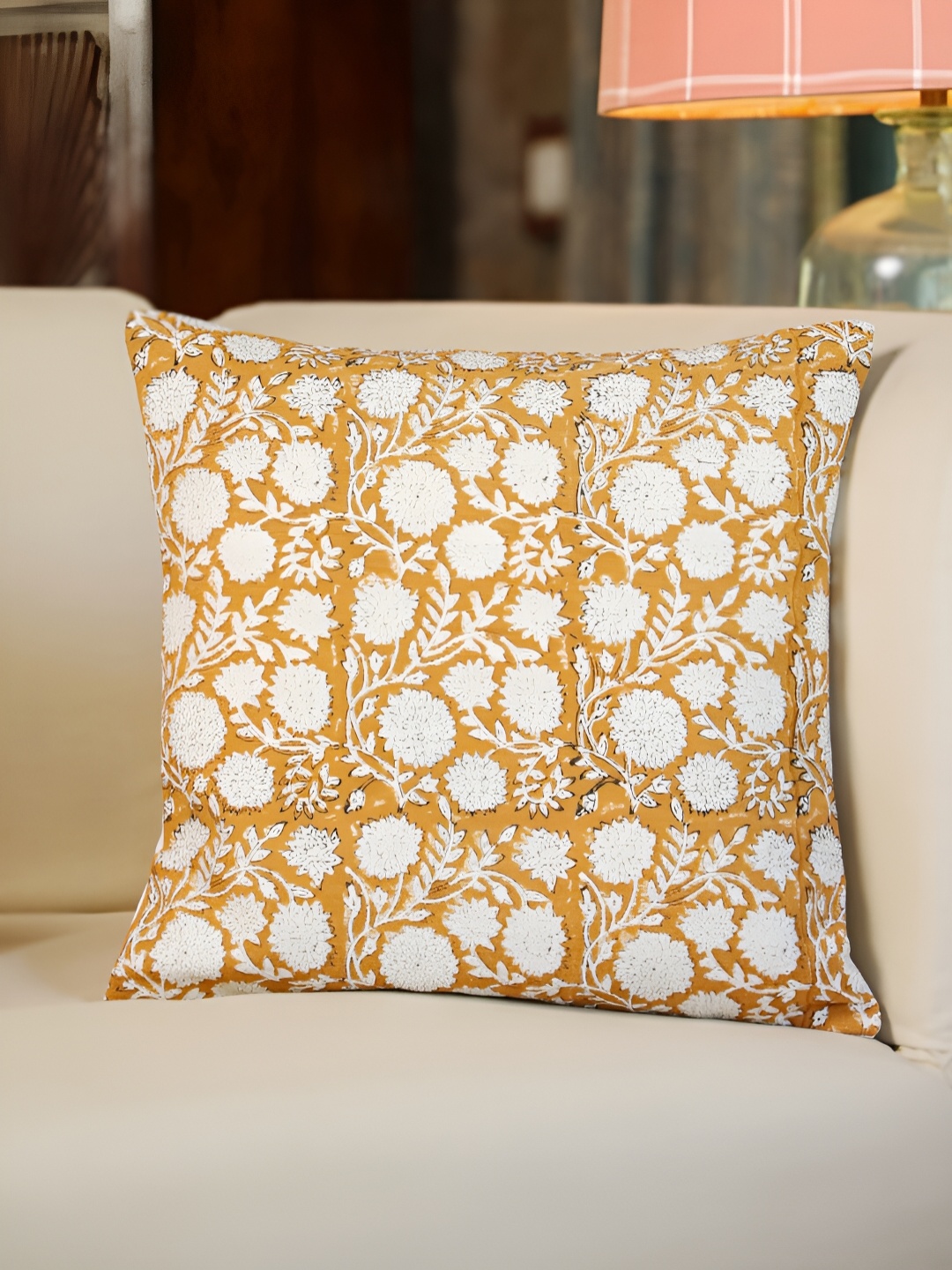 

SANSKRUTIHOMES Off White & Orange Floral Cotton Square Cushion Covers