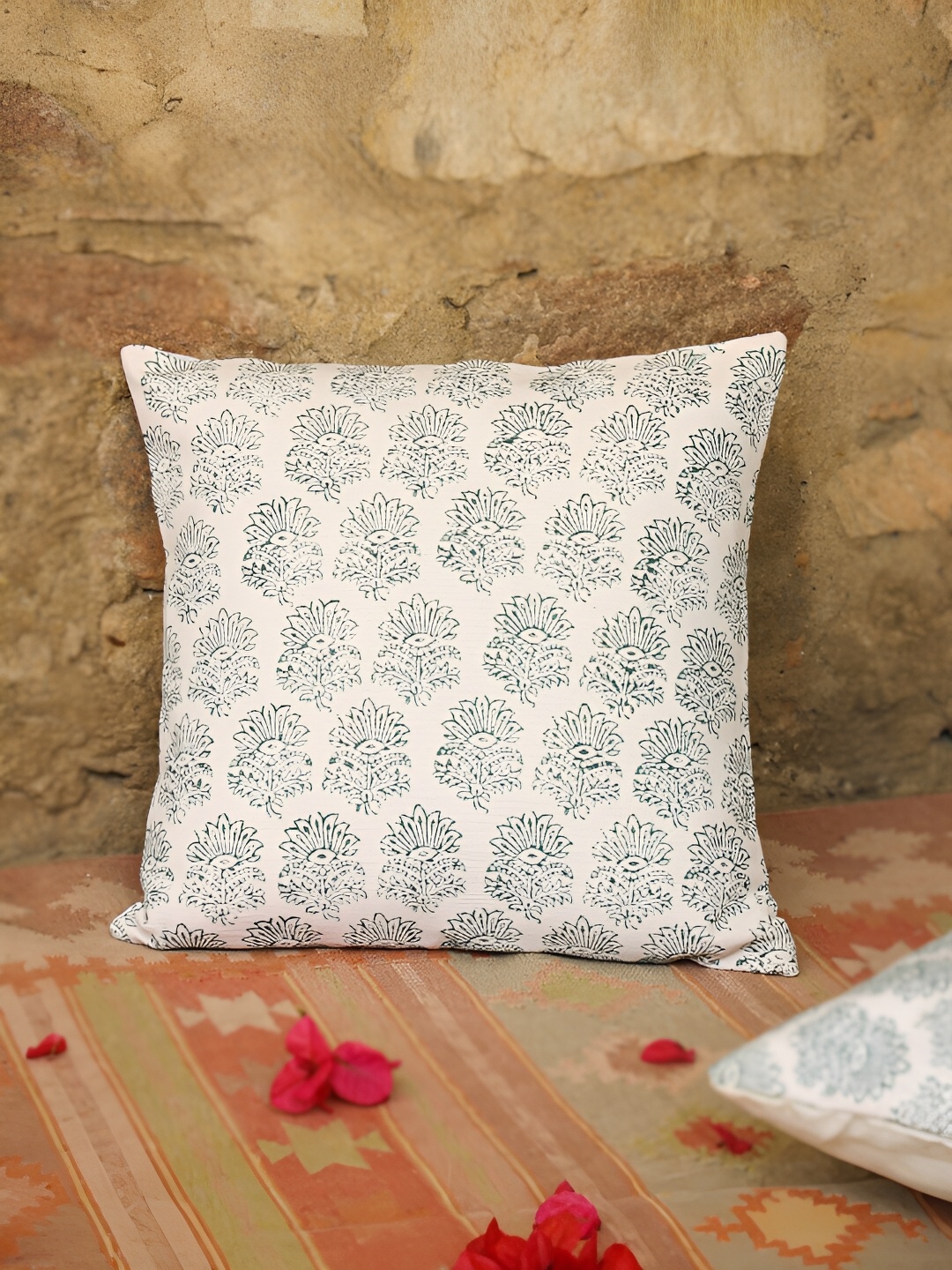 

SANSKRUTIHOMES Green & White Cotton Floral Square Cushion Covers