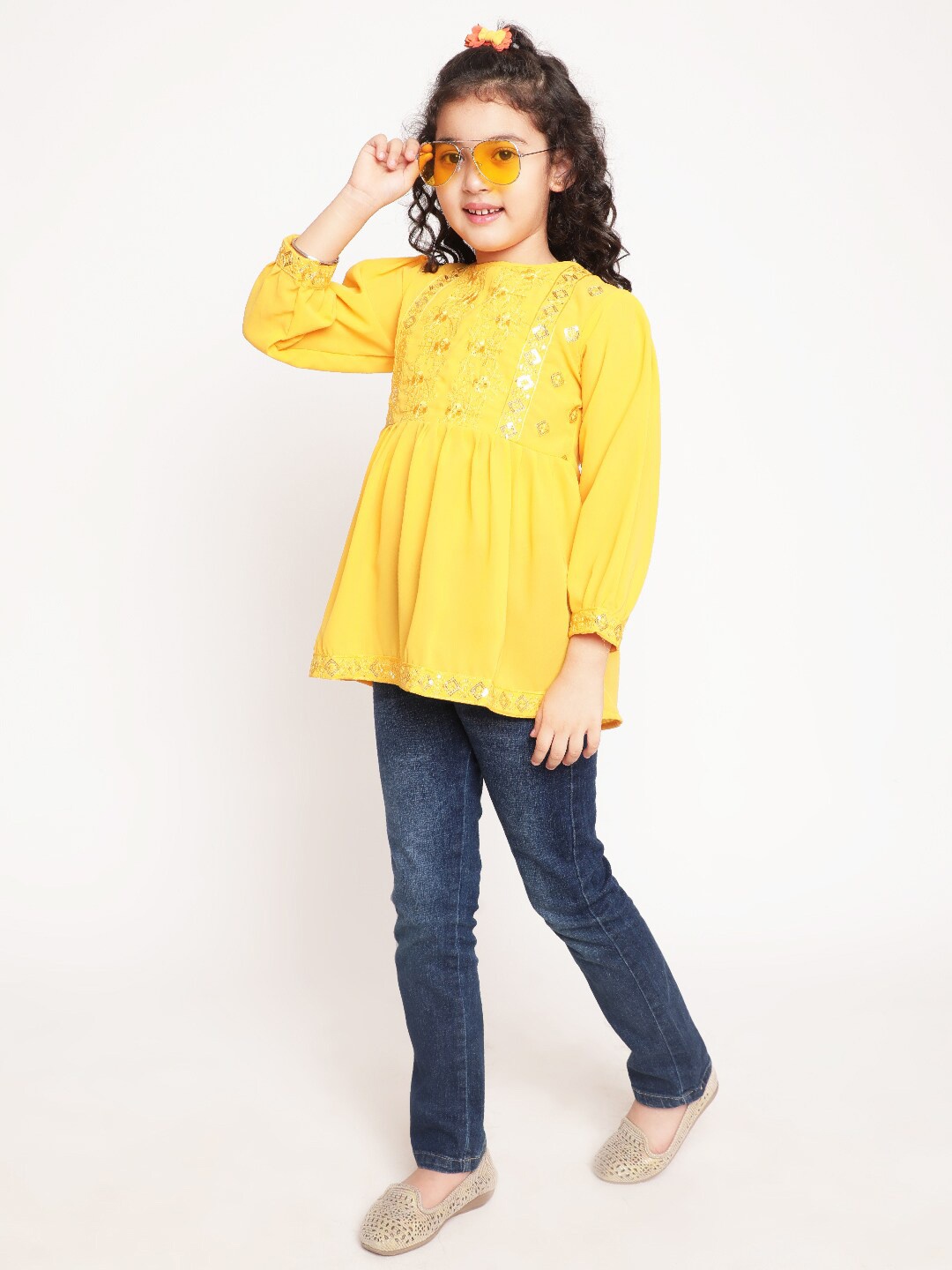 

BAESD Floral Embroidered Puff Sleeves Sequined Longline A-Line Top, Yellow