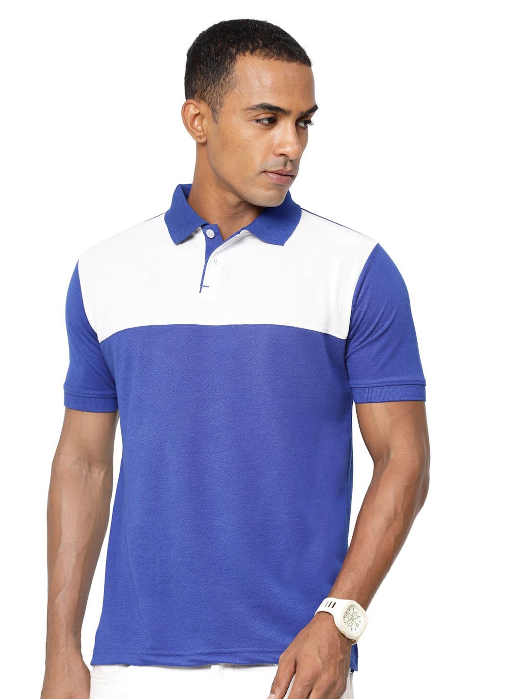 

FUNDOO Colourblocked Polo Collar Slim Fit Short Sleeves Dri-FIT T-shirt, Blue