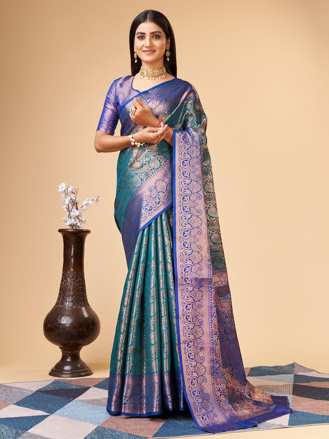 

ALAGINI Ethnic Motifs Woven Design Zari Banarasi Saree, Teal