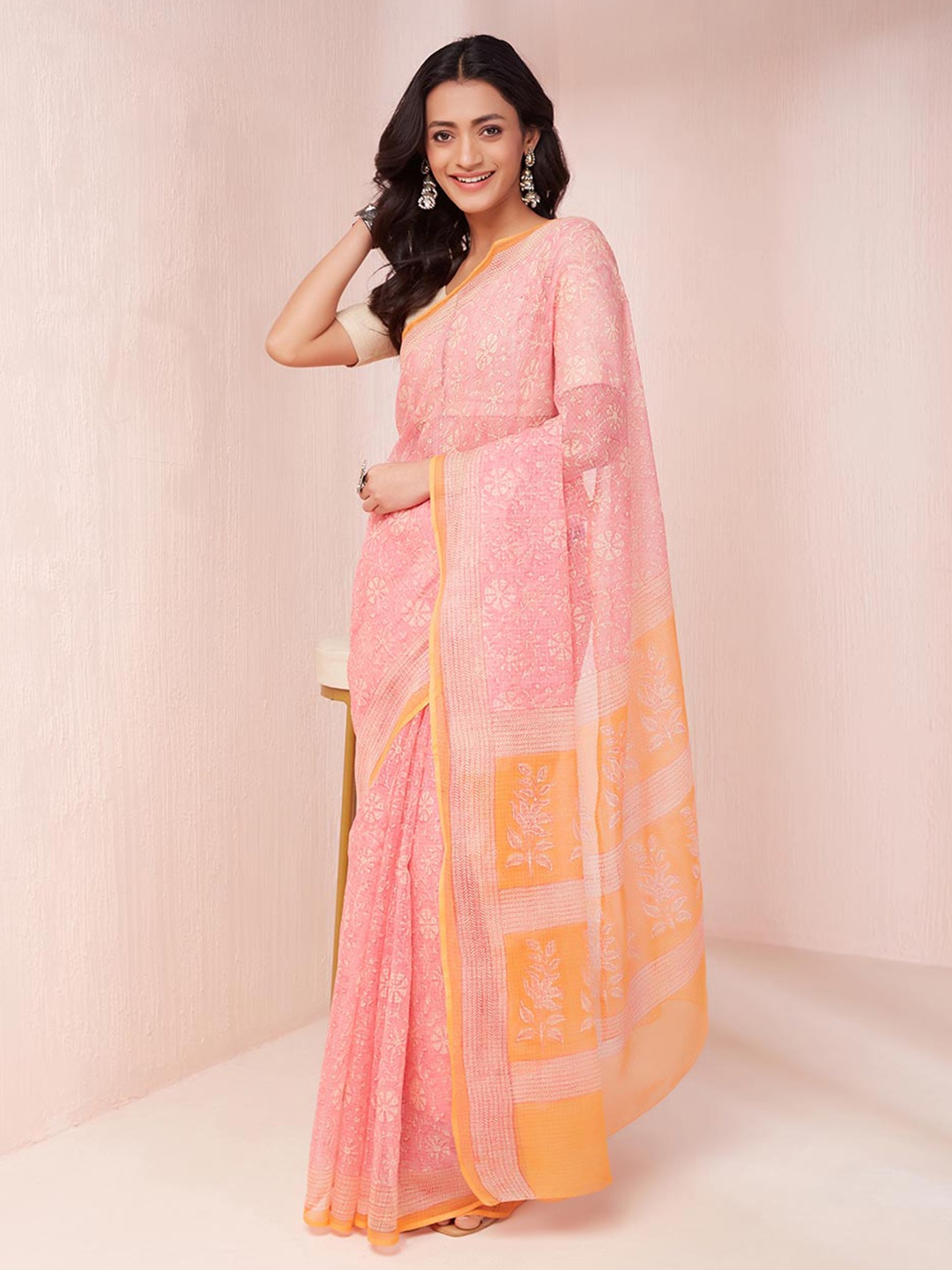 

Fabindia Floral Printed Silk Cotton Saree, Pink