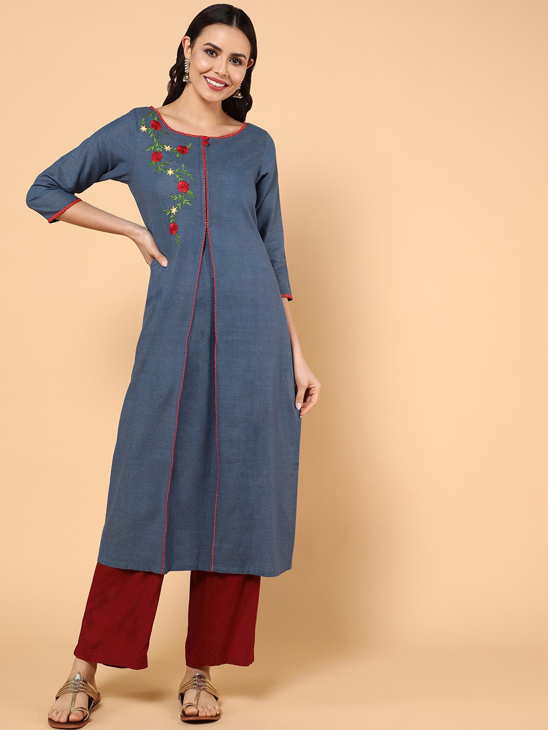 

KALINI Floral Embroidered A-line Kurta, Blue