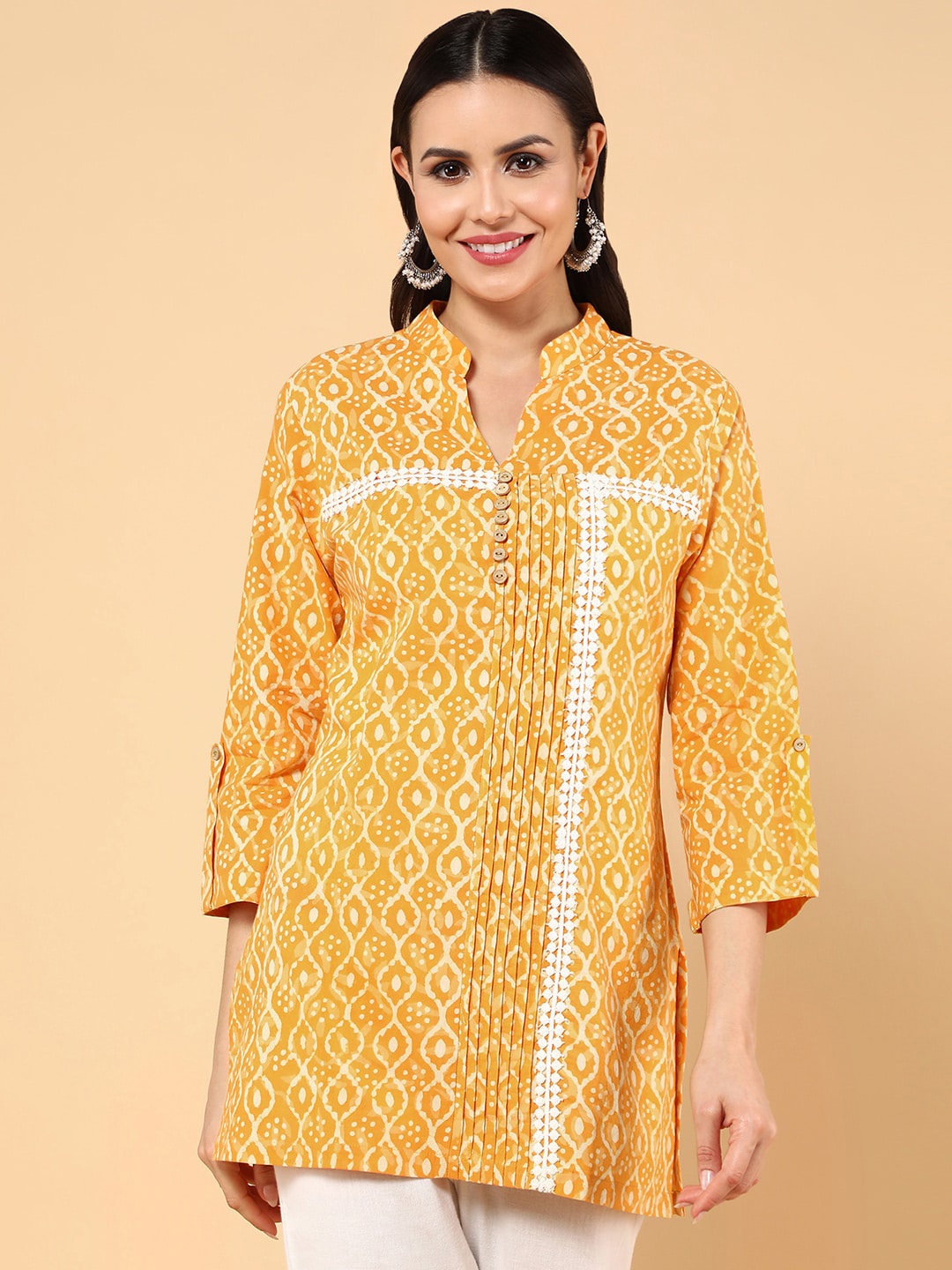 

KALINI Ethnic Block Printed Pure Cotton Straight Kurta, Mustard