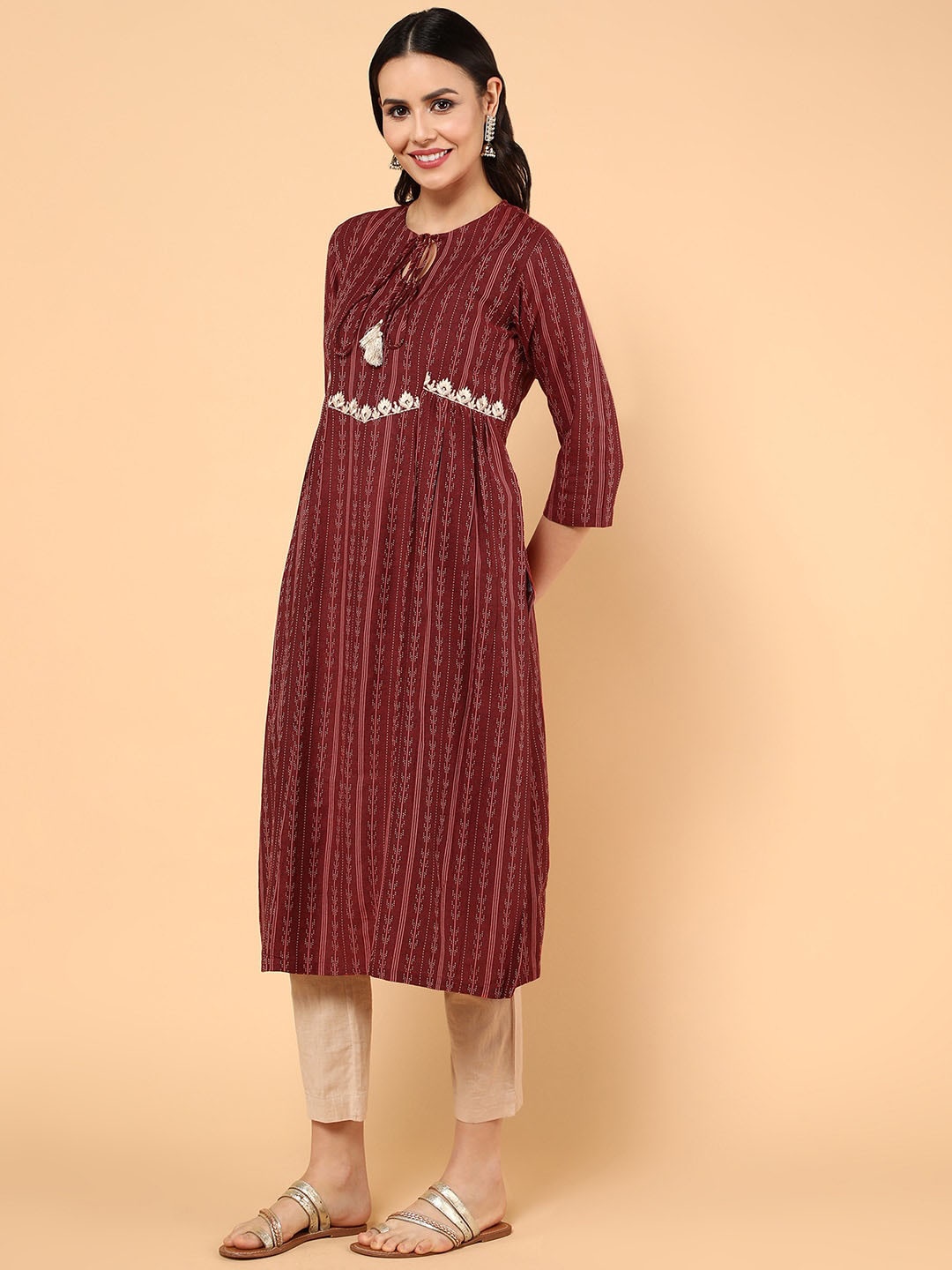 

KALINI Geometric Printed Tie-Up Neck Tread Work A-Line Kurta, Red