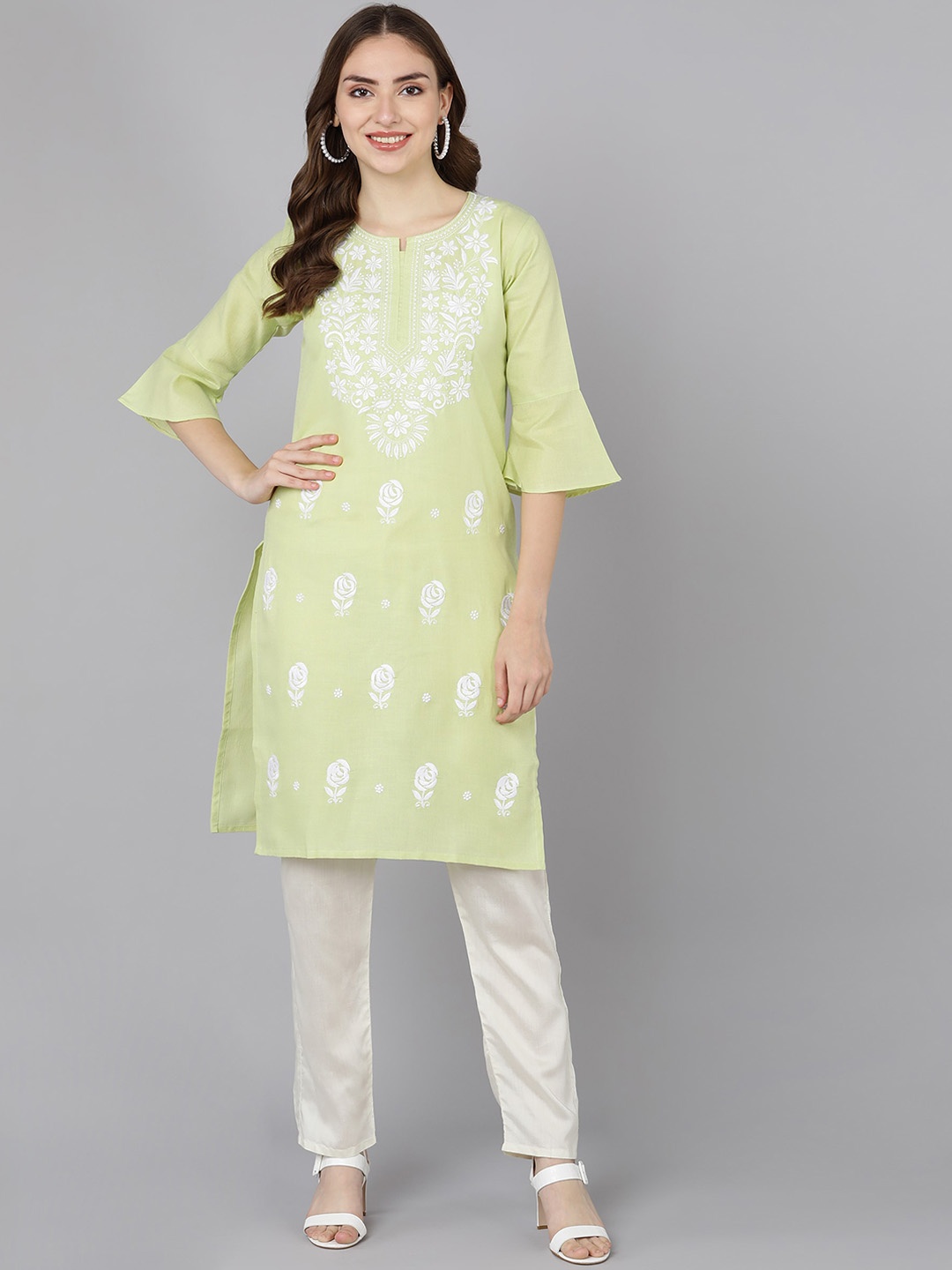 

TOP N THREAD Floral Embroidered Bell Sleeve Chikankari Cotton Straight Kurta, Sea green