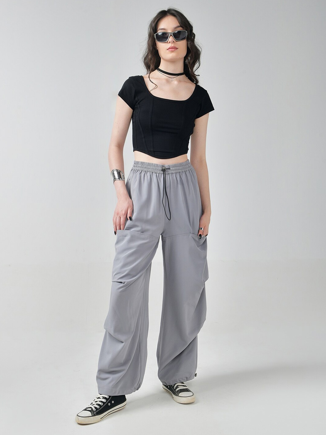 

IZF Corset Crop Top & Parachute Trousers Co-Ords Set, Black