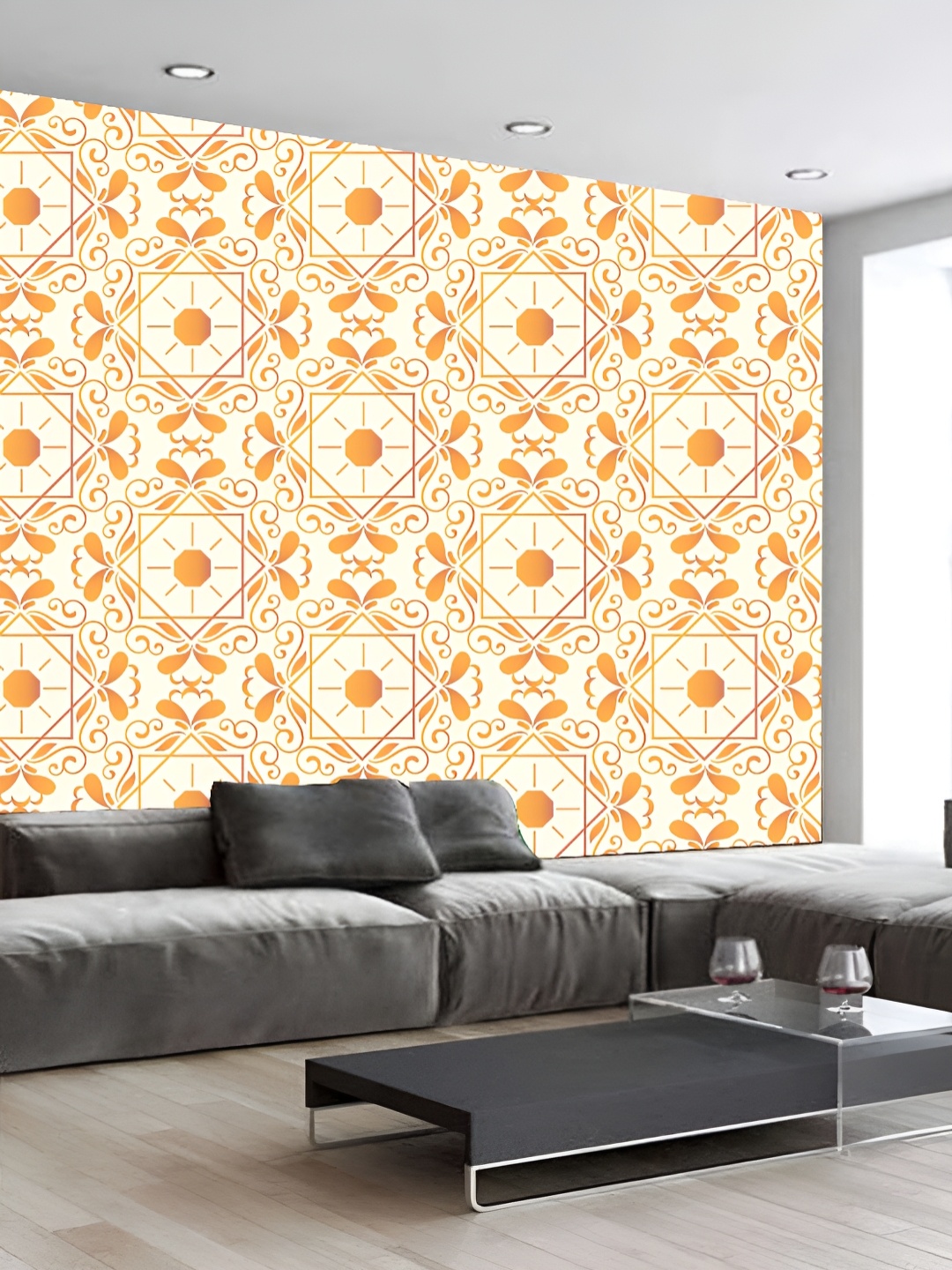 

KSHIRSA Off White & Orange Colored Printed Self-Adhesive Laminated Wallpaper