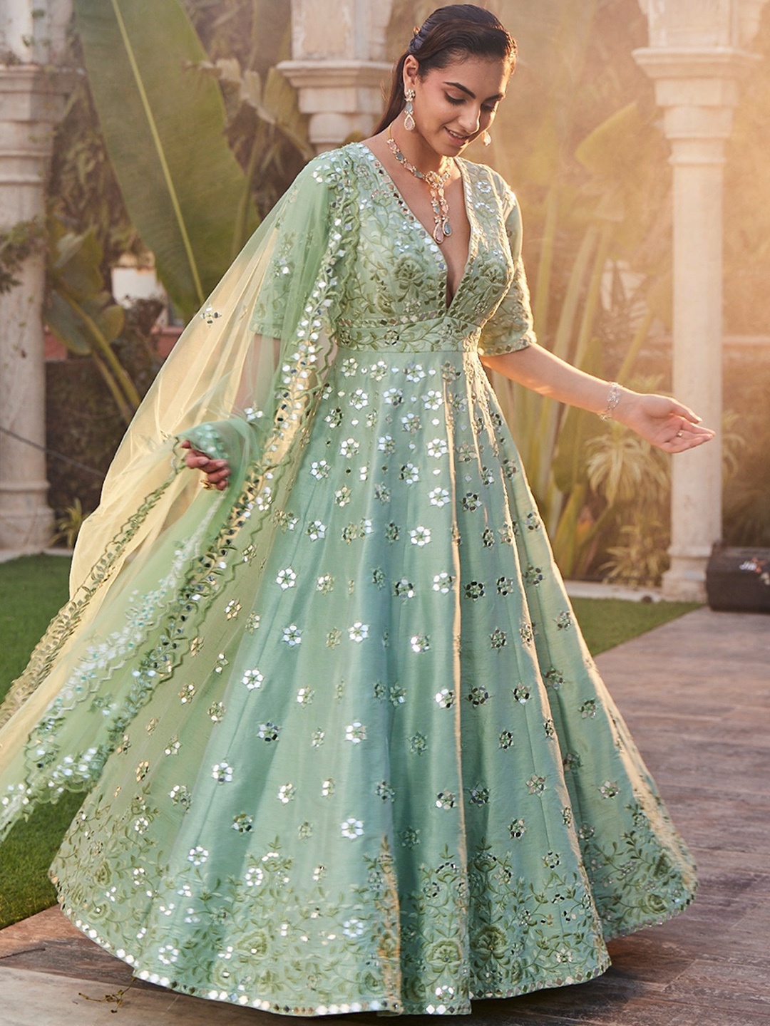 

Mehak Murpana Floral Embroidered Empire Mirror Work Anarkali Kurta With Sharara & Dupatta, Sea green