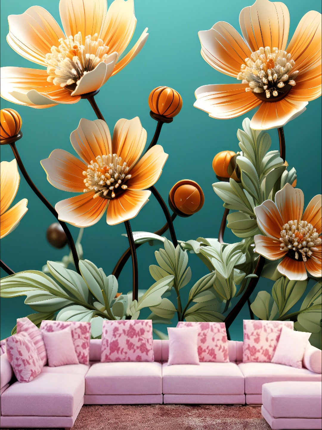 

KSHIRSA Sea Green & Orange Colored Printed Self-Adhesive Laminated Wallpaper