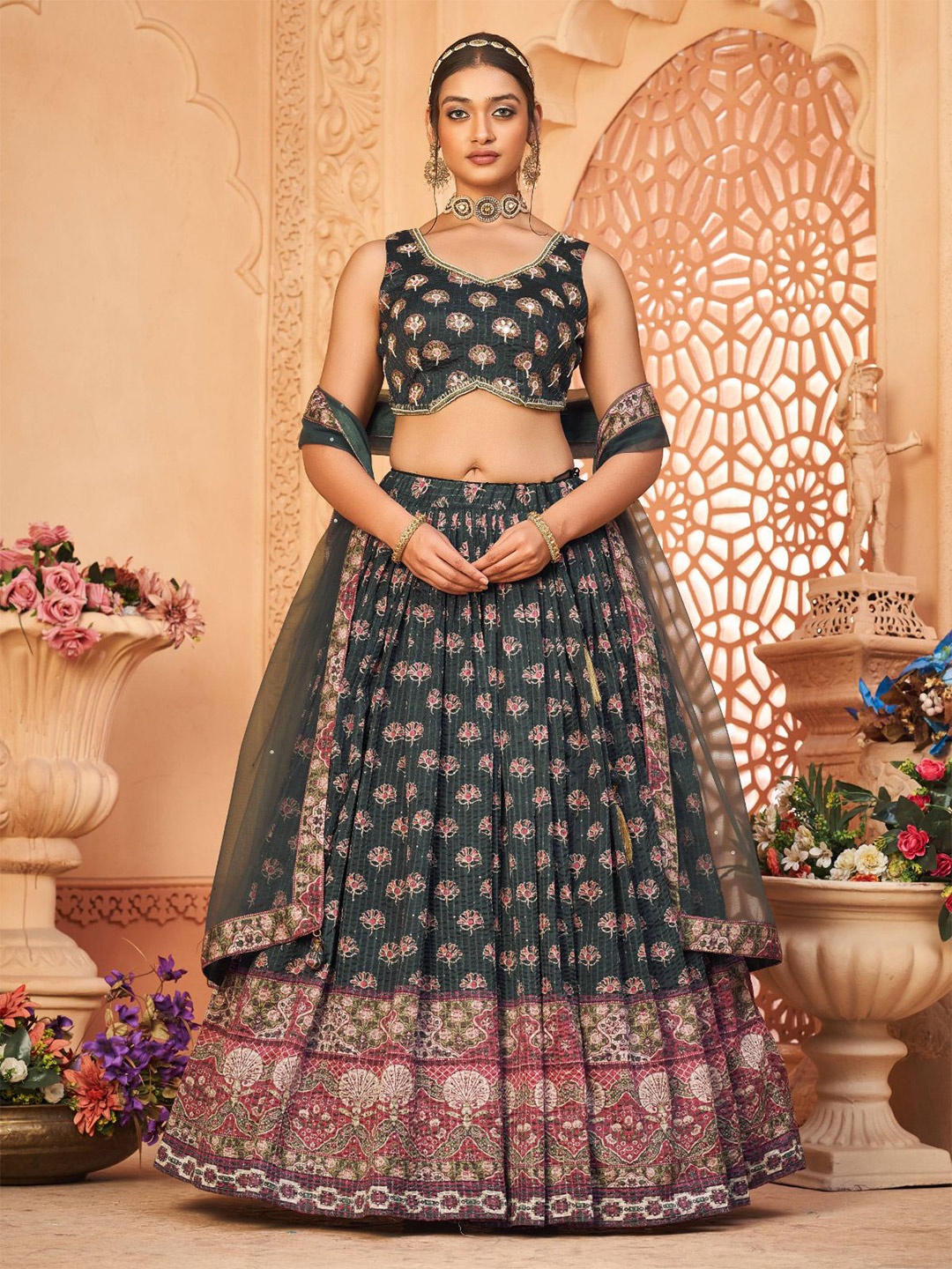 ODETTE Printed Mirror Work Ready to Wear Lehenga & Blouse With Dupatta, Black