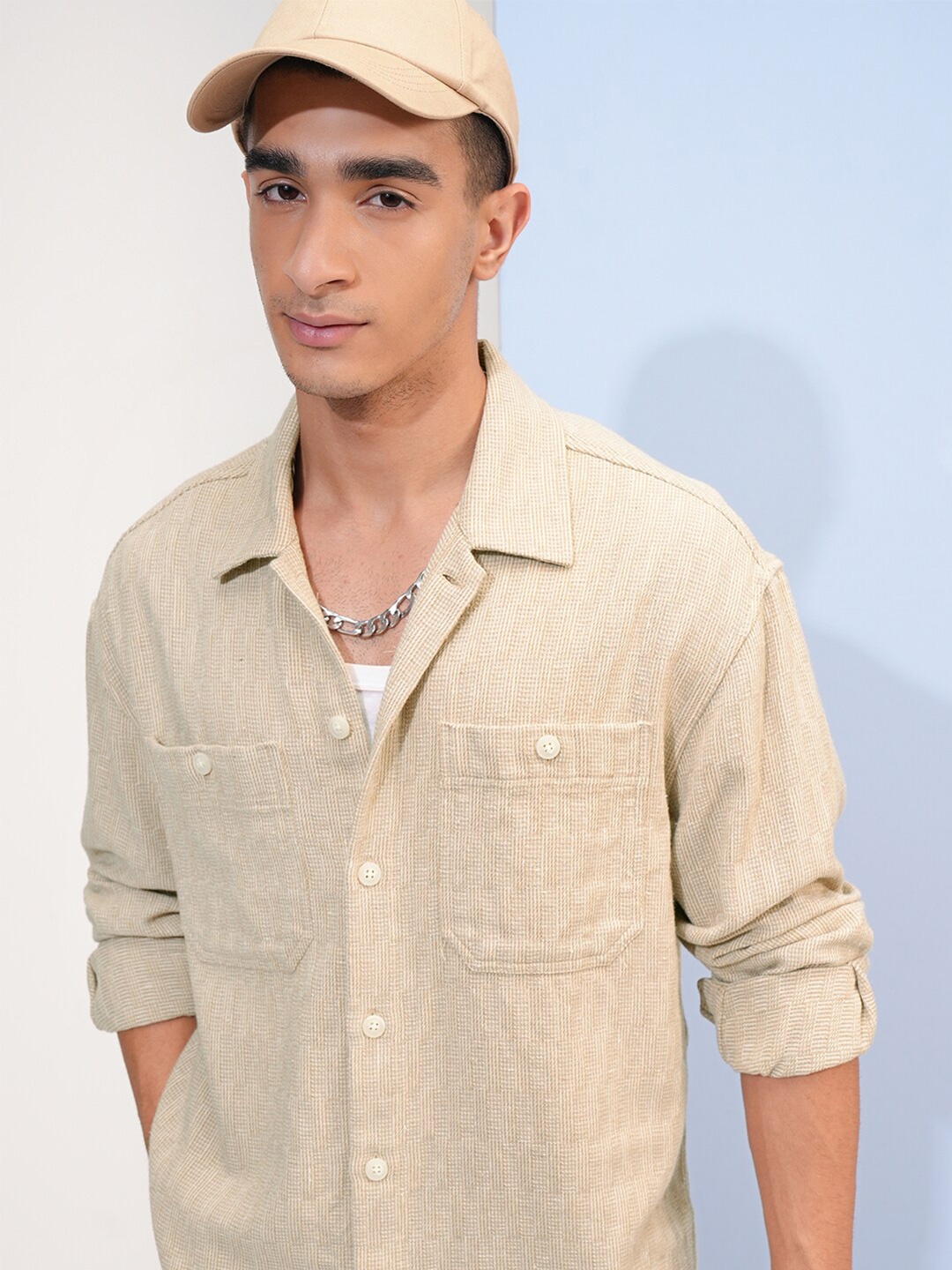 

Highlander Men Oversized Textured Overshirt, Beige