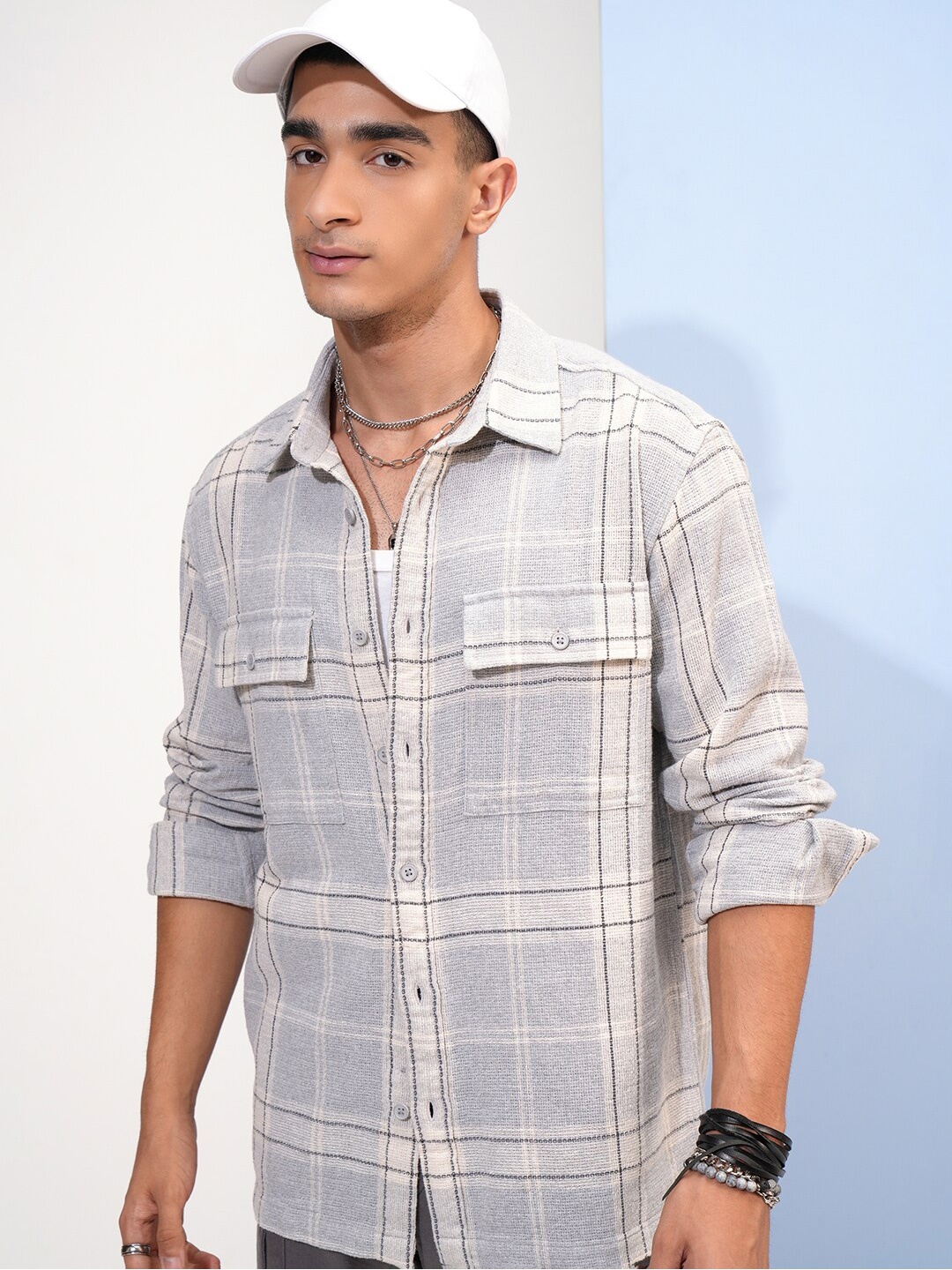 

Highlander Men Textured Dobby Checked Oversized Shirt, Grey