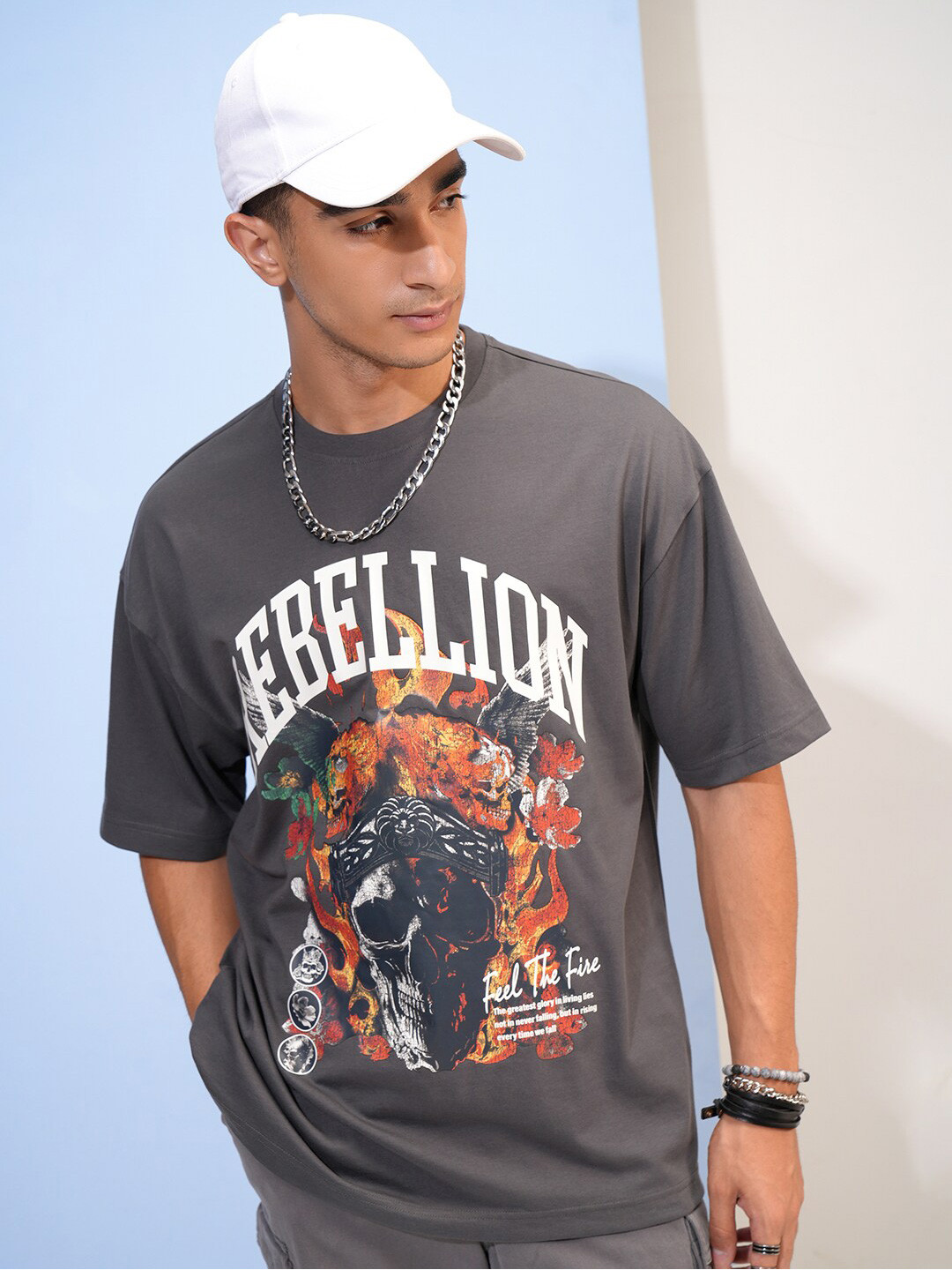 

HIGHLANDER Drop Shoulder Sleeves Graphic Printed Round Neck Cotton Oversized T-shirt, Grey