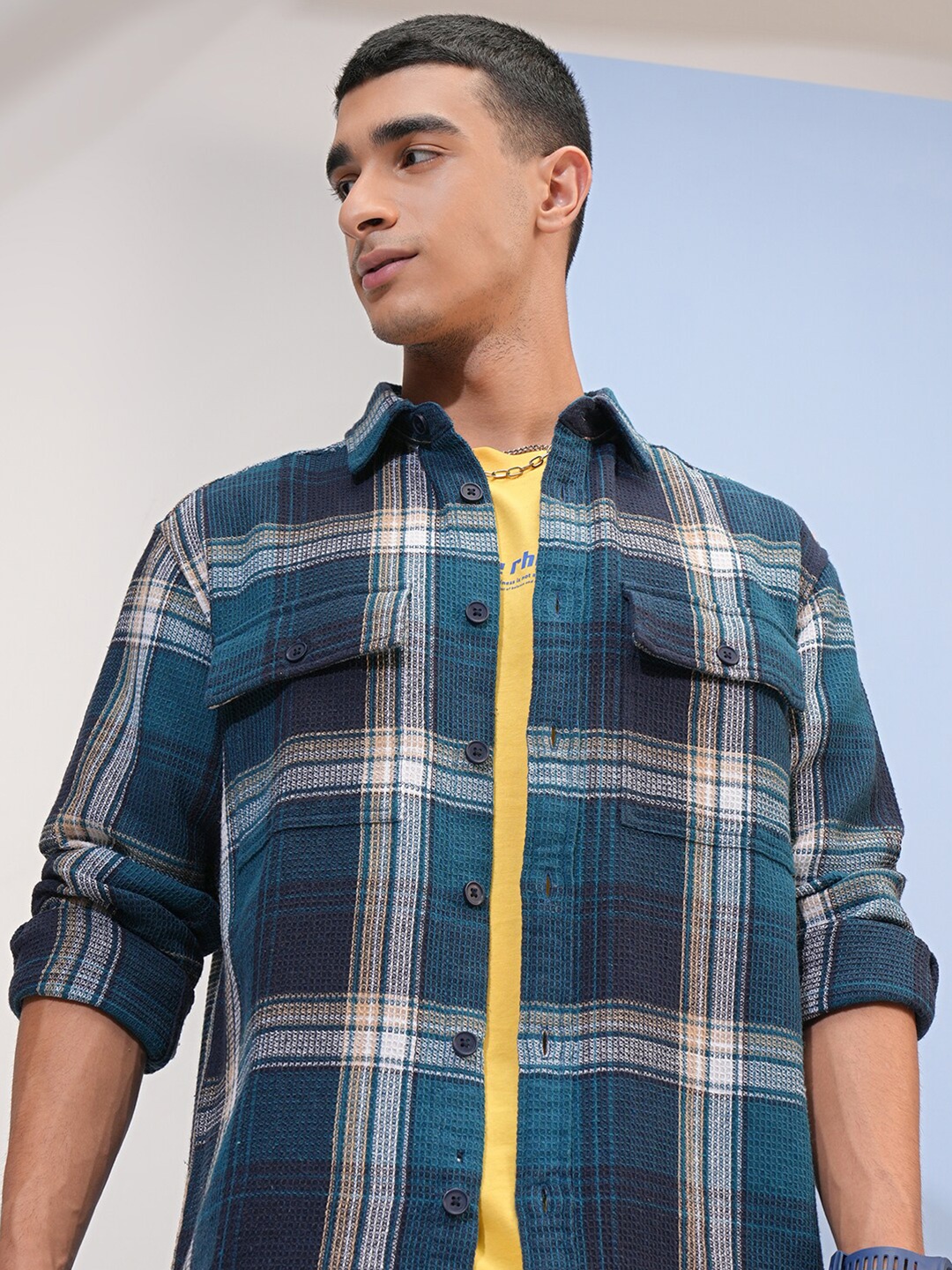 

Highlander Men Textured Dobby Checked Oversized Shirt, Teal