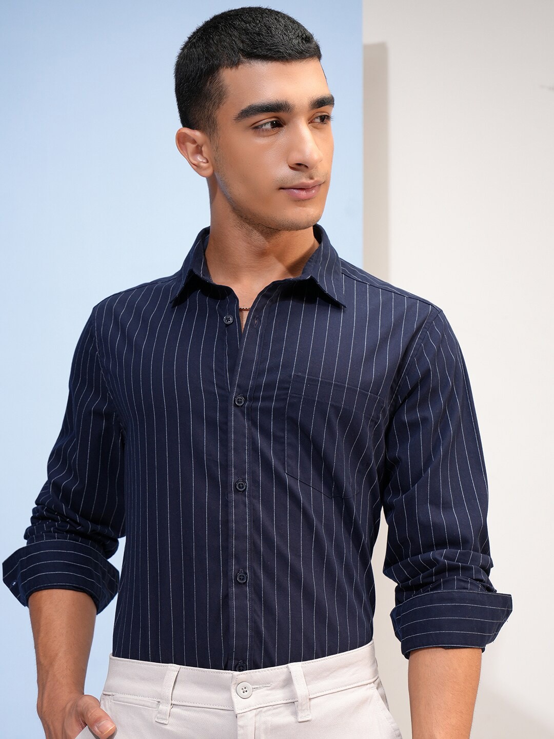 

Highlander Men Striped Slim FIt Shirt, Navy blue