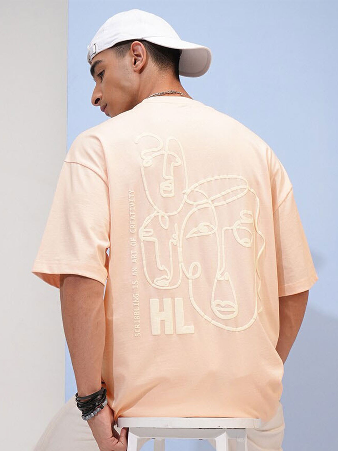 

HIGHLANDER Round Neck Drop Shoulder Cotton Oversized T-shirt, Peach