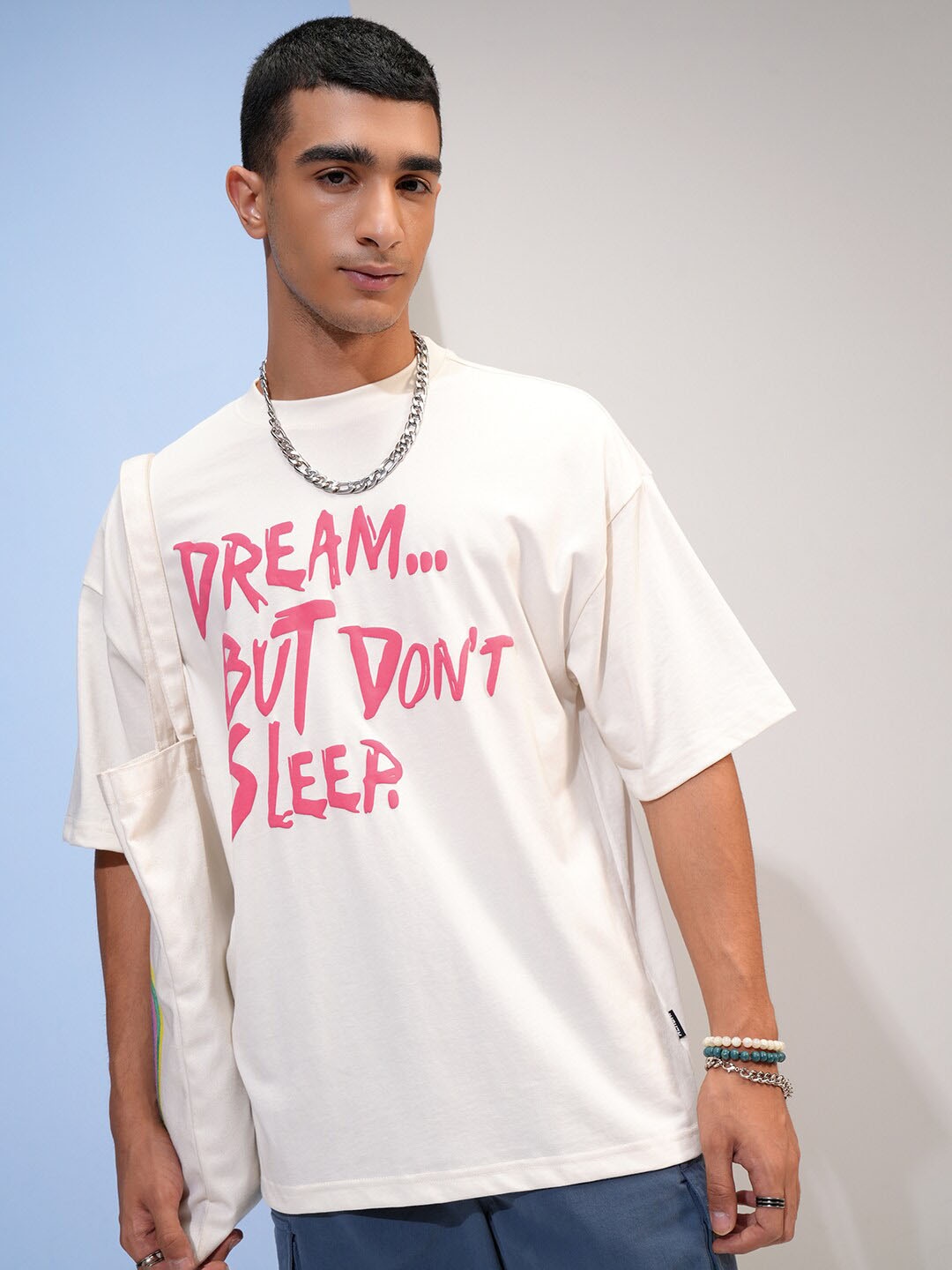 

HIGHLANDER Round Neck Typography Puff Printed Drop Shoulder Sleeves Cotton Oversized T-shirt, Off white