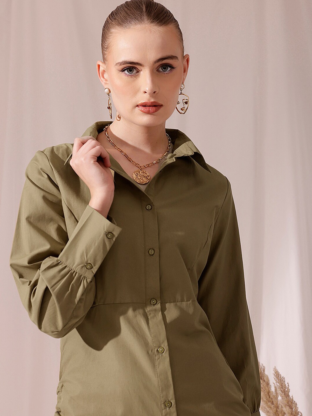 

STREET 9 Shirt Collar Cuffed Sleeves Cotton Shirt Dress, Olive