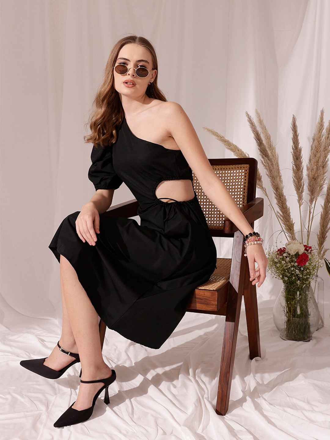 

STREET 9 One Shoulder Puff Sleeves Cotton Fit & Flare Midi Dress, Black
