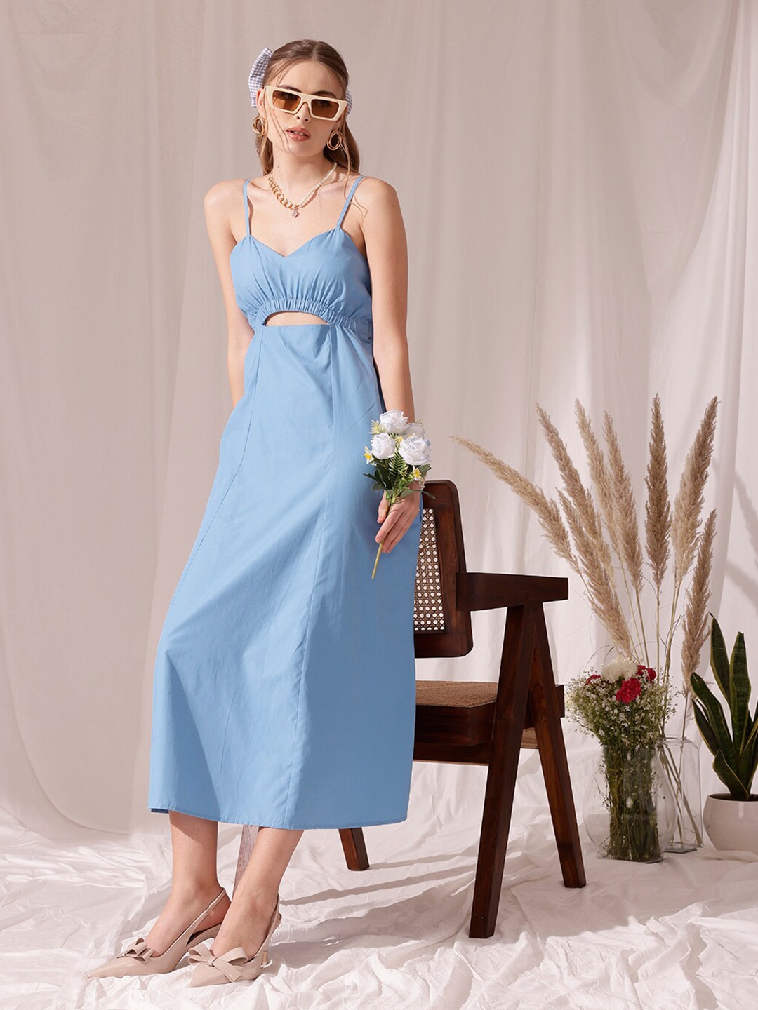 

STREET 9 Shoulder Straps Sleeveless Cotton A-Line Midi Dress, Blue
