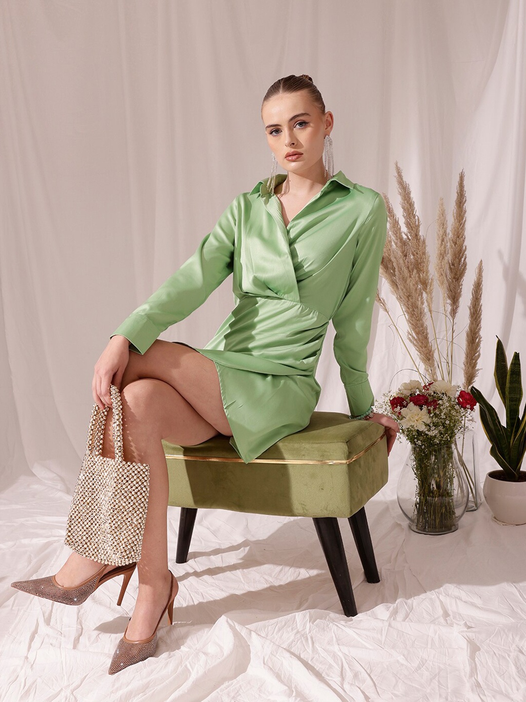 

WORK IT by STREET 9 Shirt Collar Long Sleeves Satin Wrap Dress, Sea green