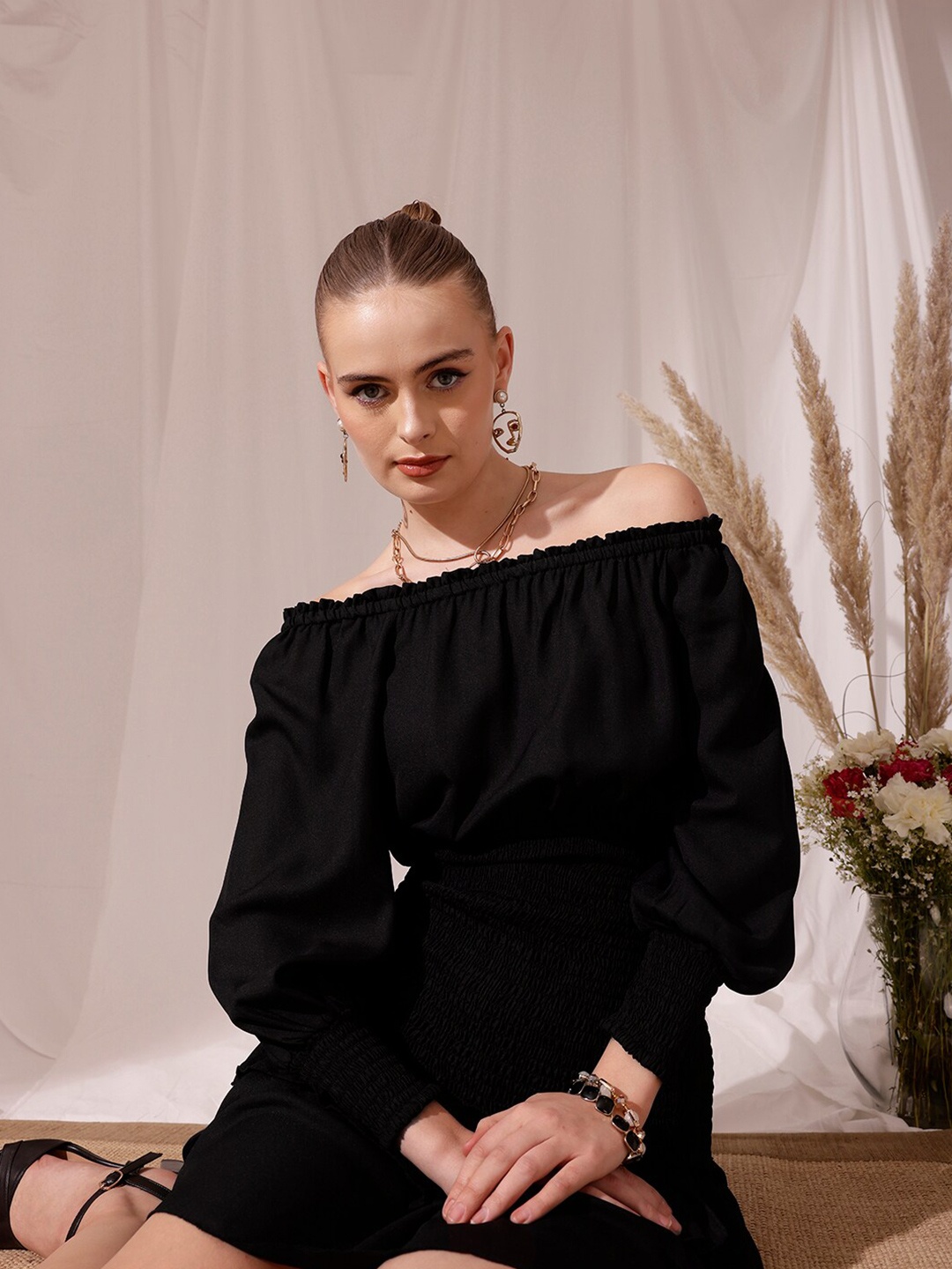 

STREET 9 Off-Shoulder Smocked Georgette Layered A-Line Dress, Black