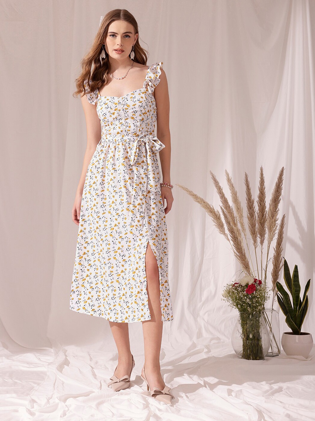 

STREET 9 Floral Printed Flutter Sleeves Crepe Fit & Flare Midi Dress, White