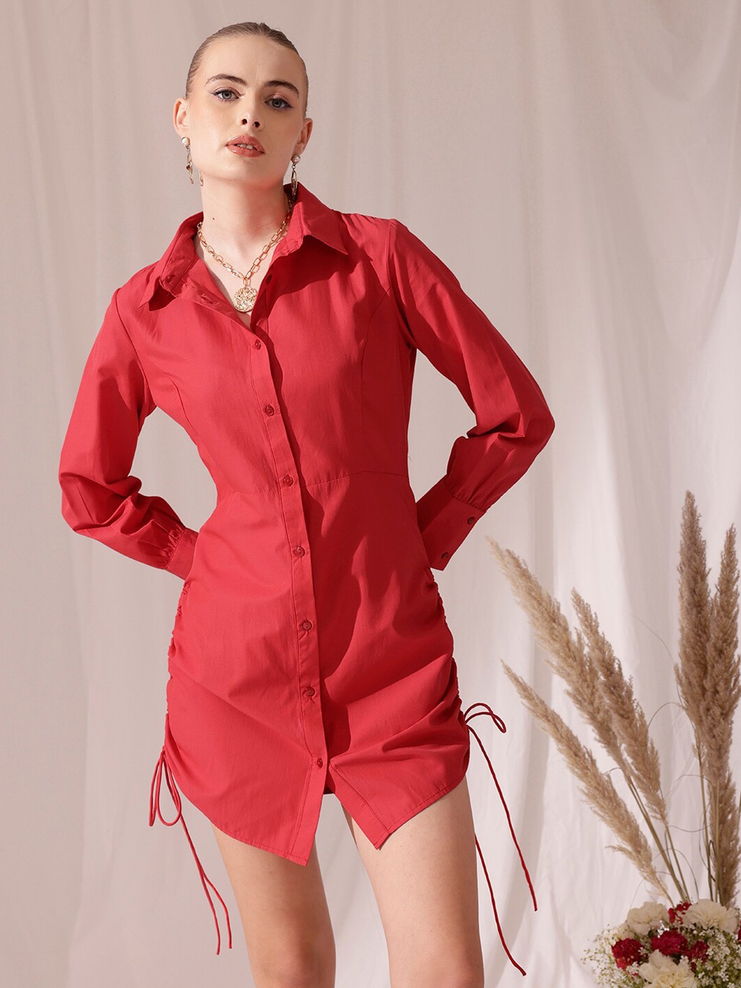 

STREET 9 Spread Collar Gathered Pure Cotton Shirt Mini Dress, Red