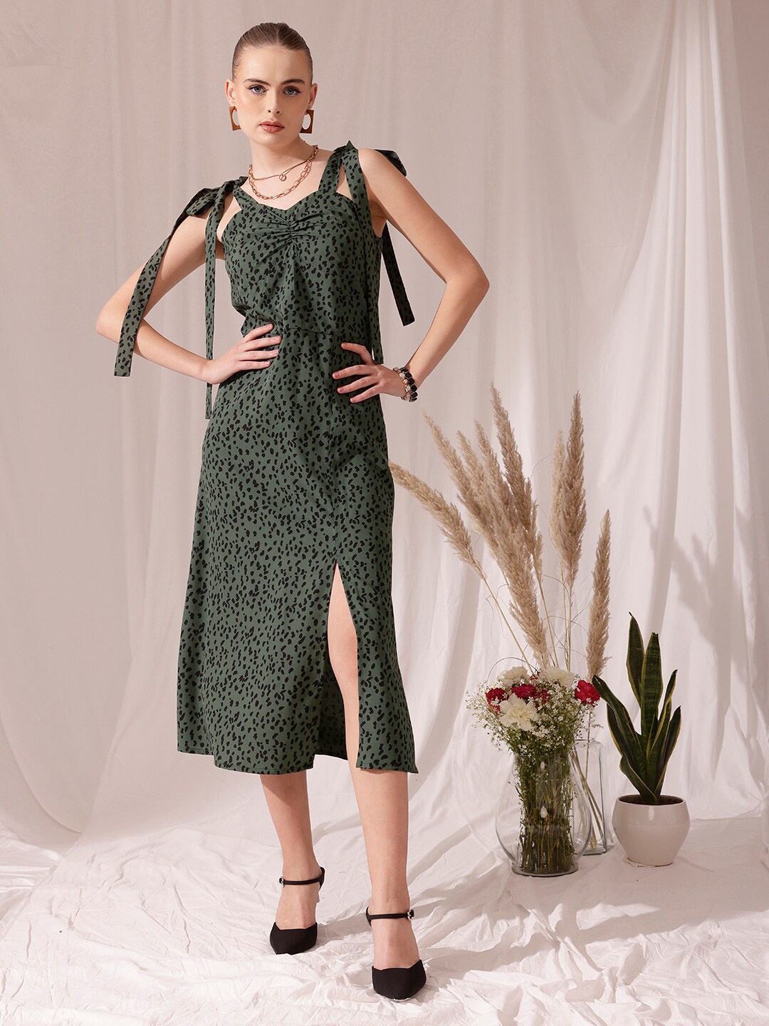 

STREET 9 Animal Printed Shoulder Strap Crepe Sheath Midi Dress, Green