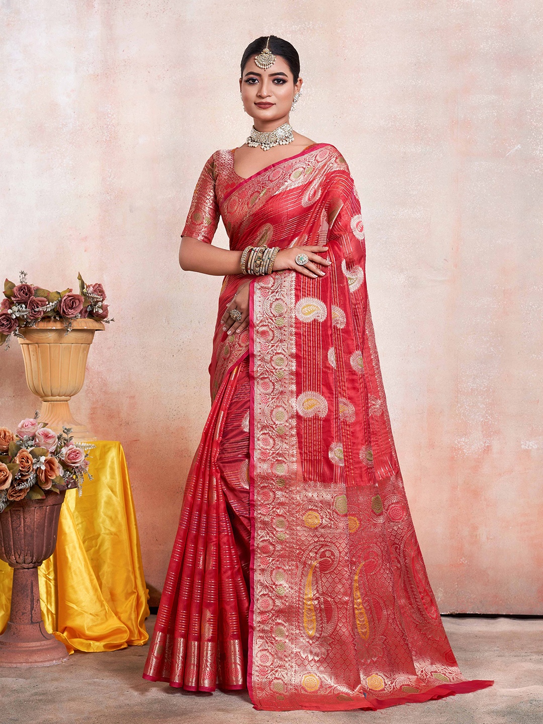 

Mitera Paisley Zari Organza Kanjeevaram Saree, Red