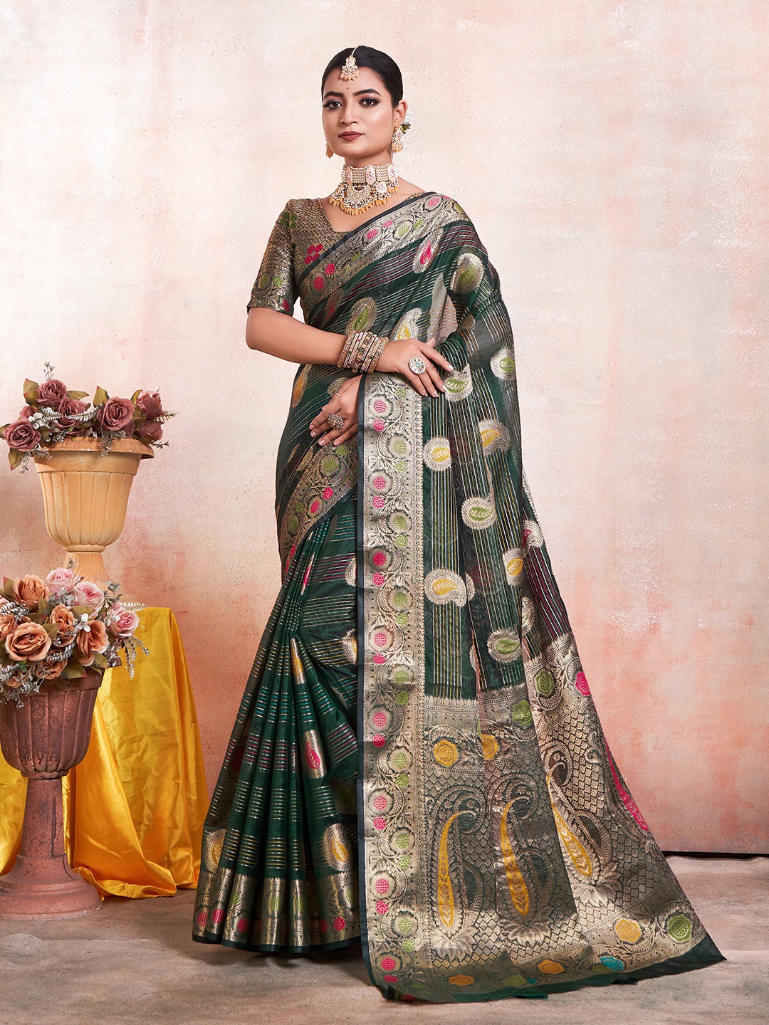 

Mitera Paisley Zari Woven Design Organza Kanjeevaram Saree, Green