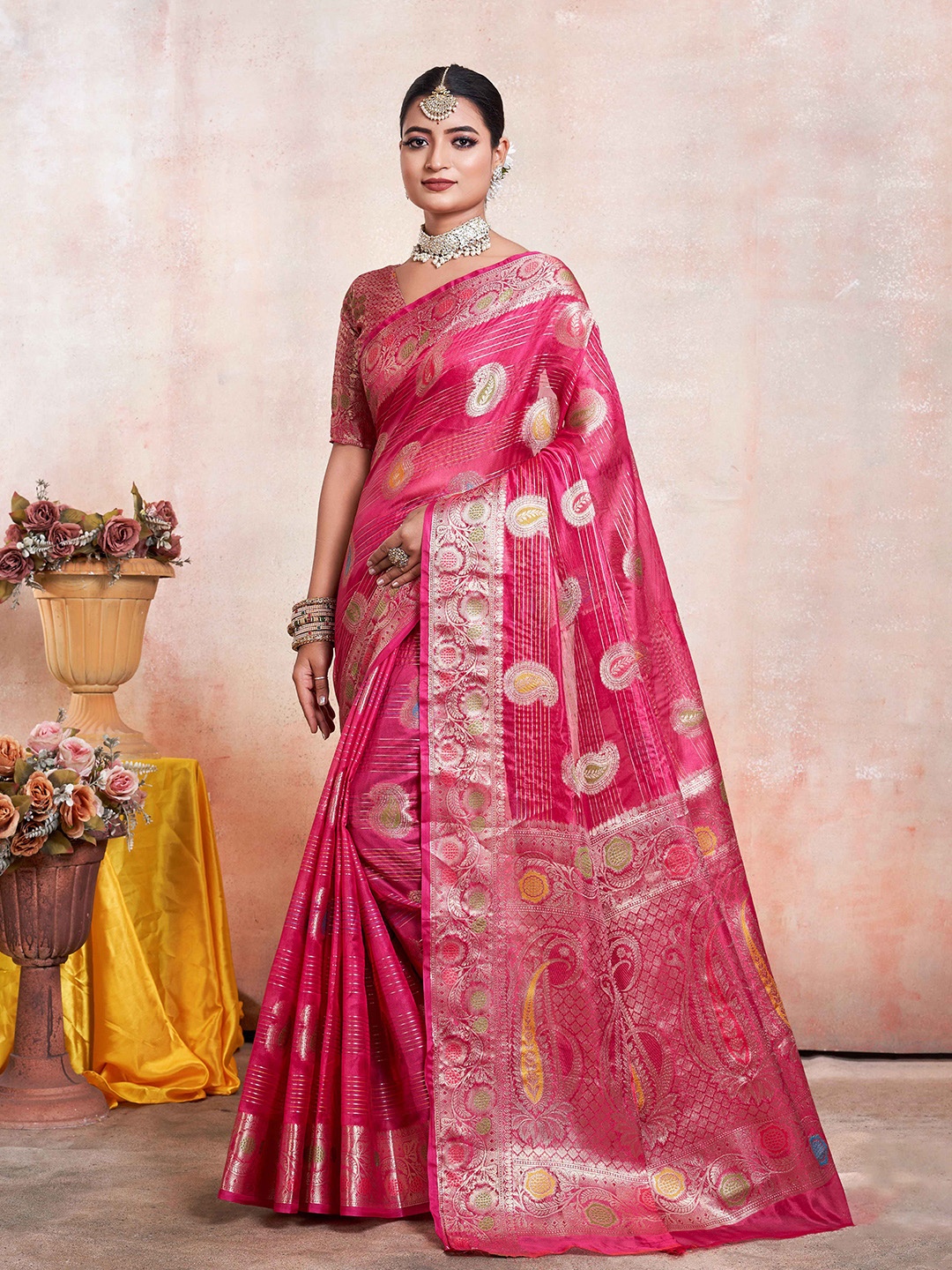 

Mitera Paisley Zari Organza Kanjeevaram Saree, Pink