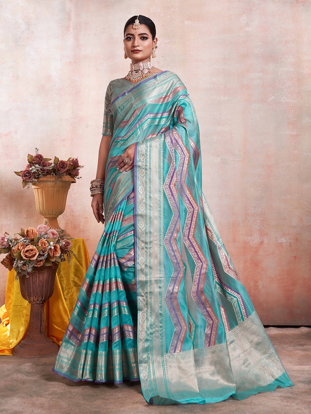 

Mitera Leheriya Woven Design Zari Organza Kanjeevaram Saree, Blue