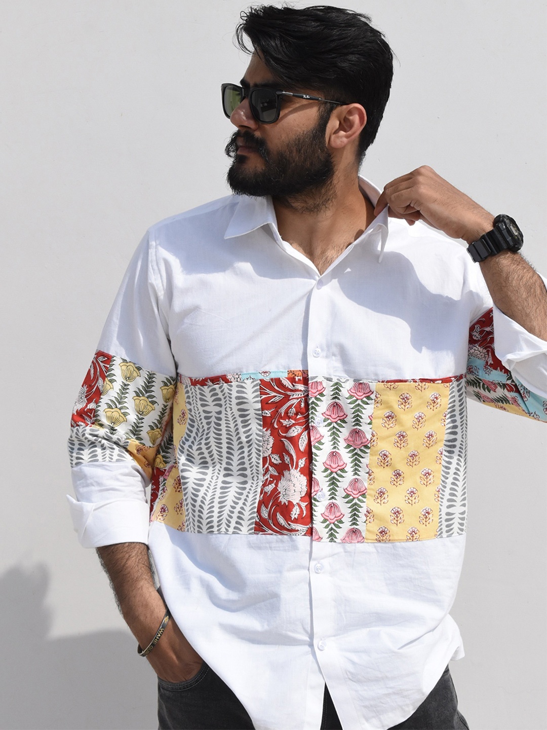 

KOTRANIC Relaxed Floral Printed Spread Collar Cotton Shirt, White