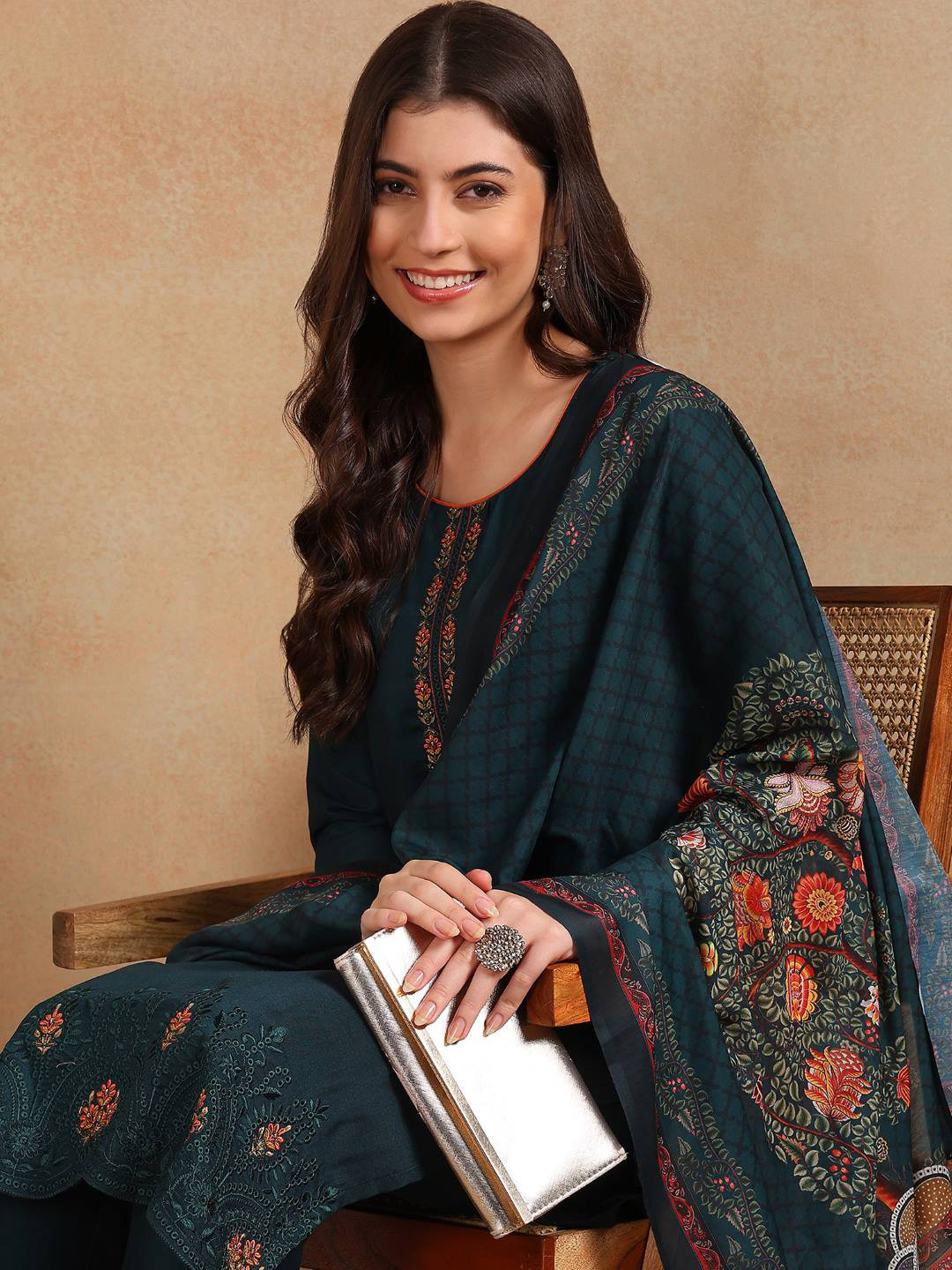 

AHIKA Floral Yoke Design Regular Thread Work Kurta with Trousers & With Dupatta, Green