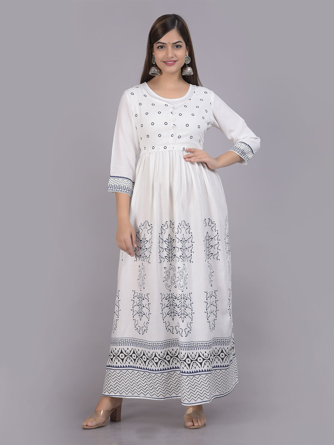 

SAK JAIPUR Ethnic Motifs Printed Round Neck A-Line Kurta, White
