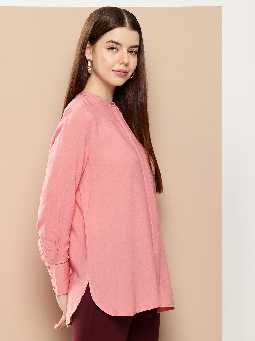

her by invictus Band Collar Longline Casual Shirt, Pink