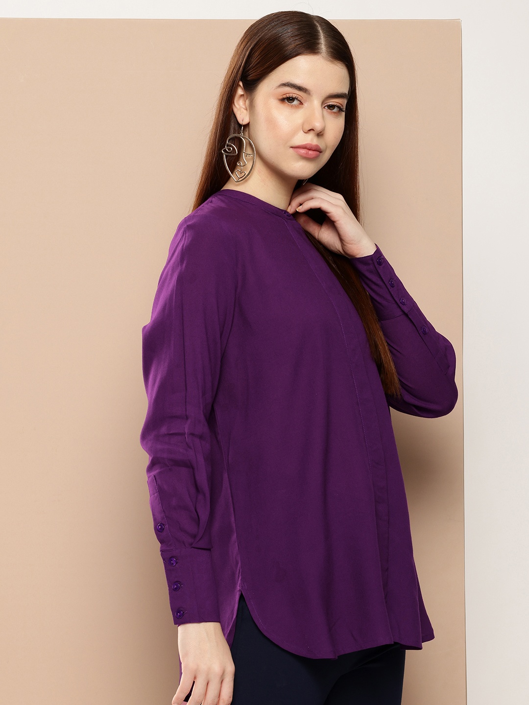 

her by invictus Band Collar Longline Casual Shirt, Purple
