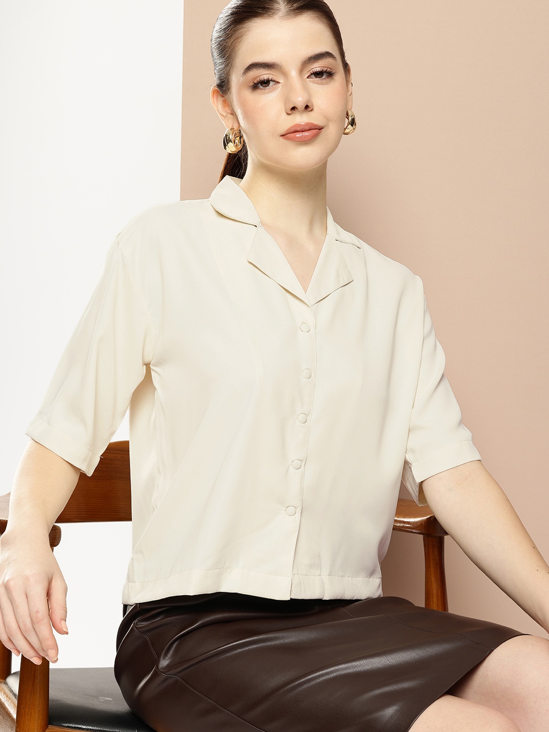 

her by invictus Cuban Collar Casual Shirt, Cream