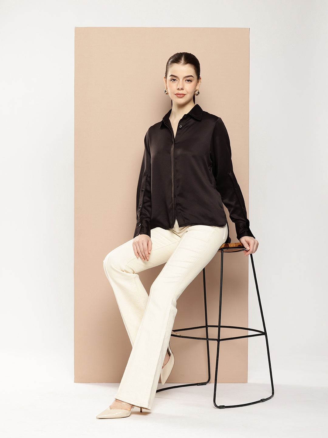 

her by invictus Cuffed Sleeves Casual Shirt with Satin Finish, Brown