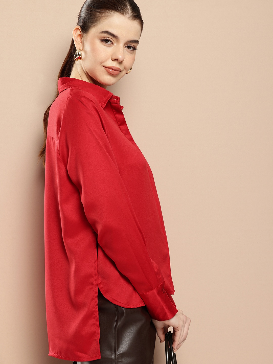 

her by invictus Cuffed Sleeves Casual Shirt with Satin Finish, Red