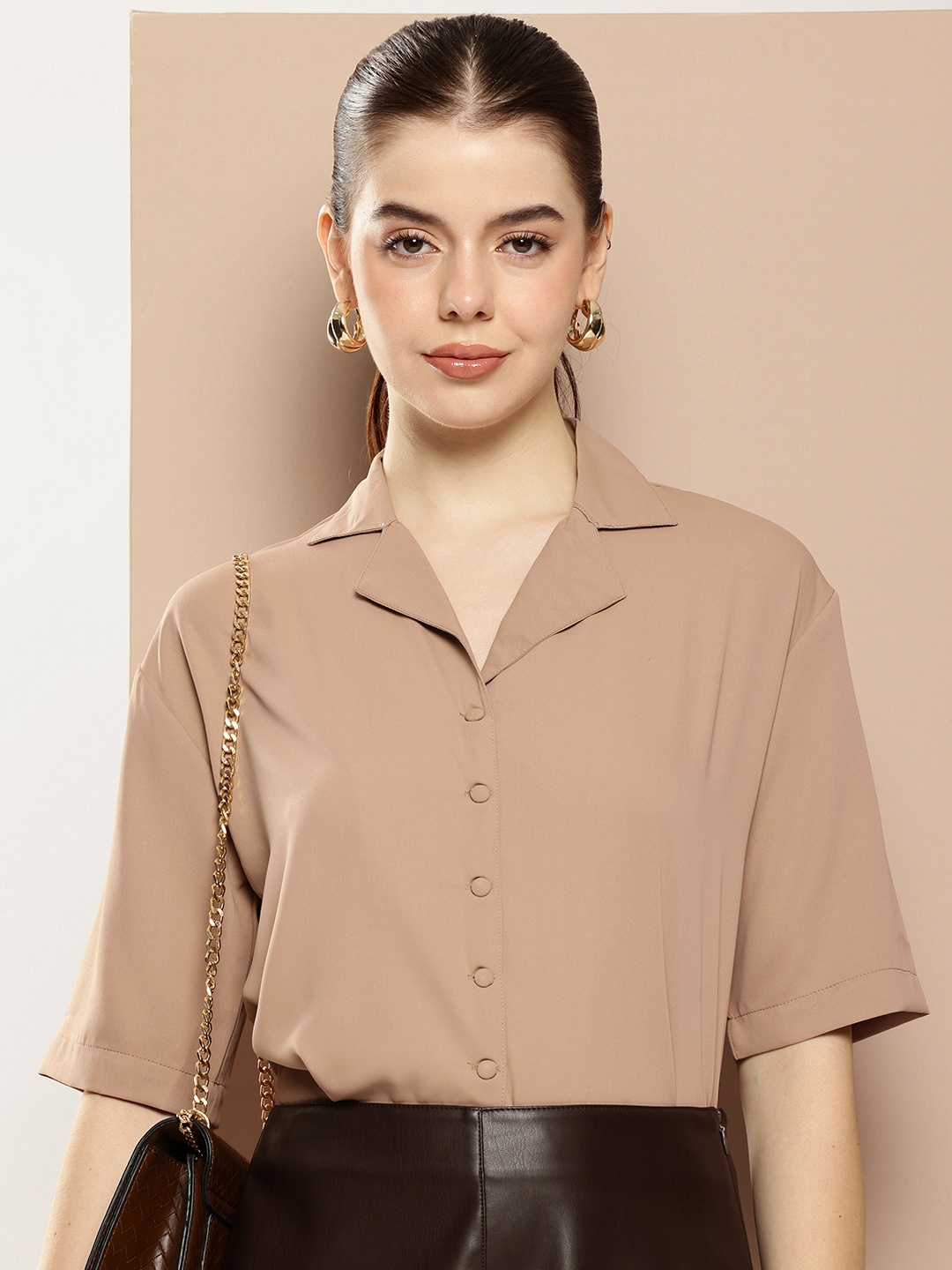 

her by invictus Cuban Collar Casual Shirt, Brown