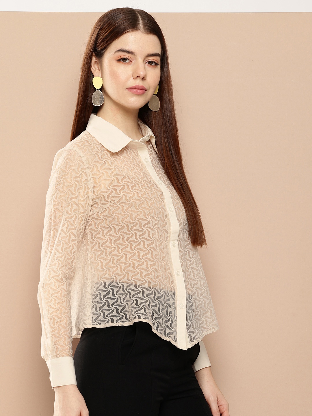 

her by invictus Self Design Sheer Casual Shirt, Off white