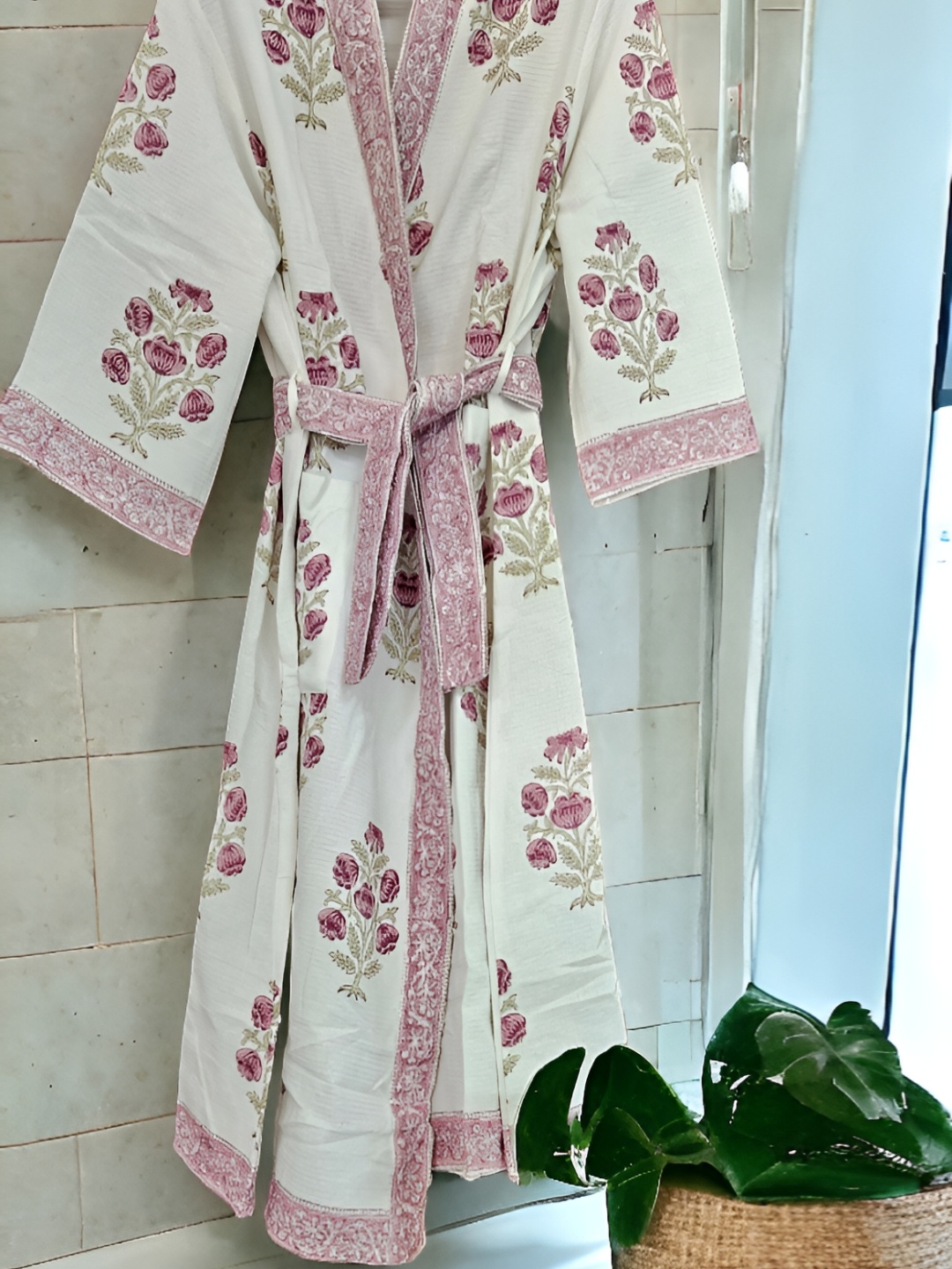 

Feels Like Home Royal Collection Floral Hand Block Printed Waffle Cotton Bath Robe, White